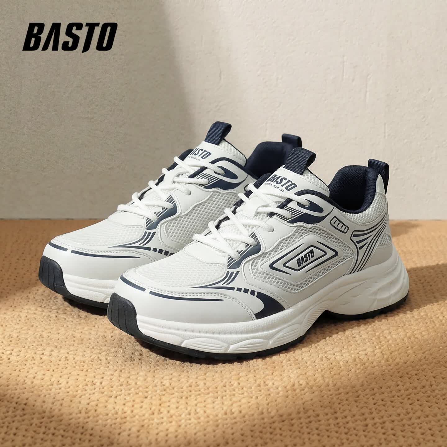 百思图（BASTO）厚底增高老爹鞋男2026新款夏季网面透气男士运动鞋防滑耐磨面包鞋 白色 39 【运动鞋码】