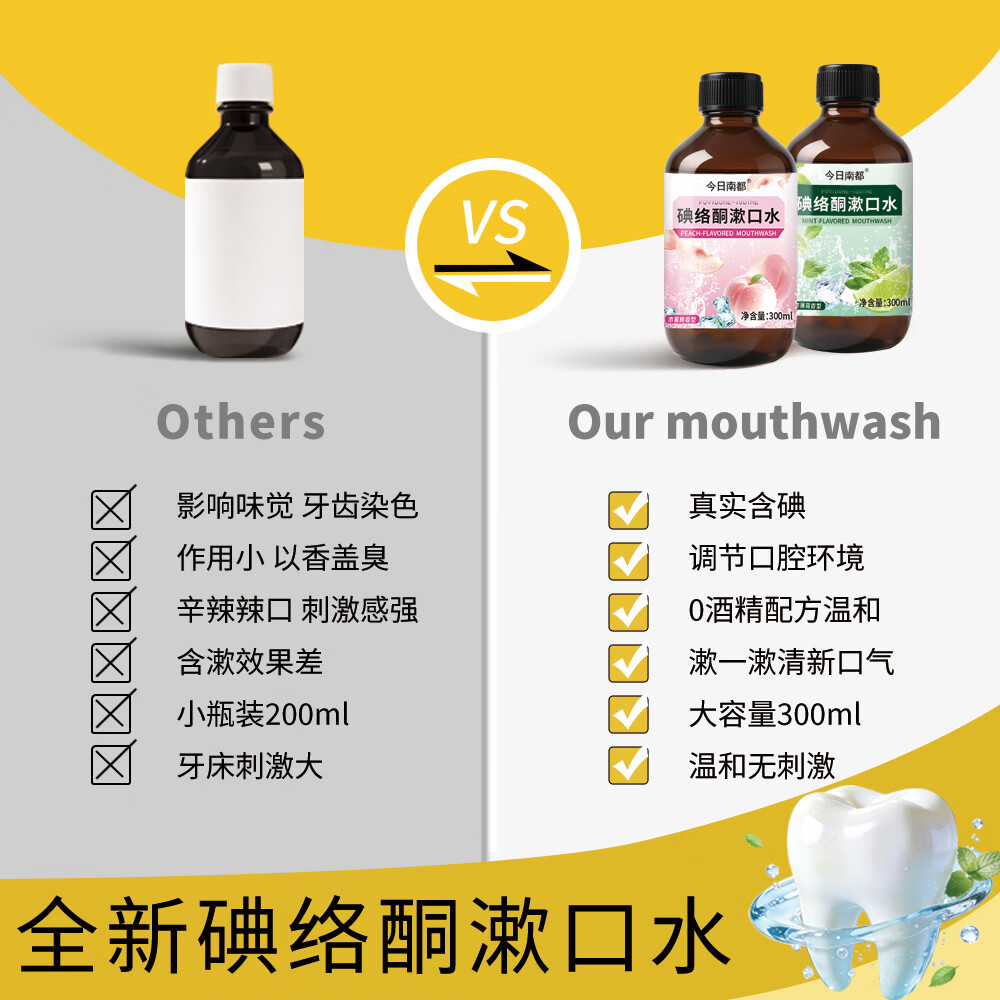 欧菲梵碘络酮漱口水清新口腔杀菌口腔护理清新持久多种味道 水蜜桃+薄荷味各2瓶（共4瓶）