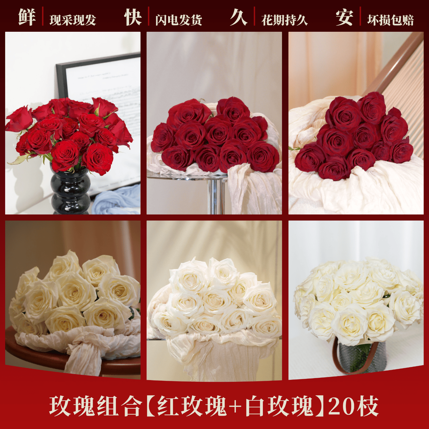 玫瑰花鲜花山东基地直发顺丰包邮鲜切花白玫瑰插花花束水养真花 红玫瑰+白玫瑰20枝