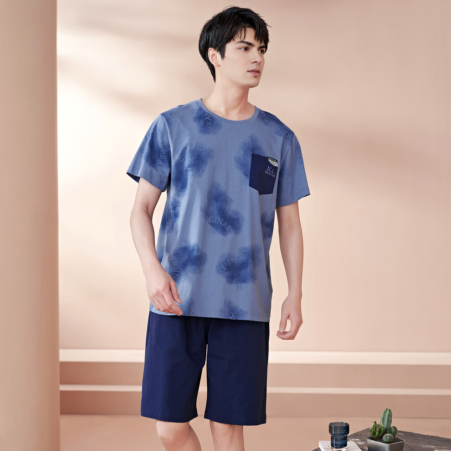 芬腾睡衣男士夏季纯棉短袖短裤可外穿夏天青年大码休闲家居服套装 FX27921927灰兰 3XL 建议185-205斤