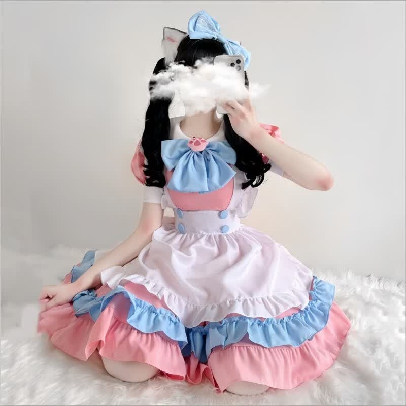 伪娘女仆装可爱猫爪日系粉蓝色cos制服男仆套装男娘女装约会漫展 【猫爪女仆套装】五件套 L【胸围92cm以内】
