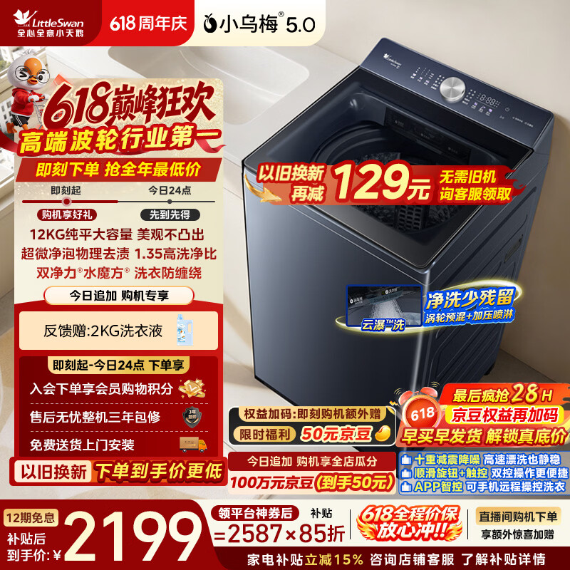 小天鹅（LittleSwan）【价保618】小乌梅5.0 波轮洗衣机全自动家用 12KG大容量纯平 超微净泡 TB12K60 以旧换新京东自营