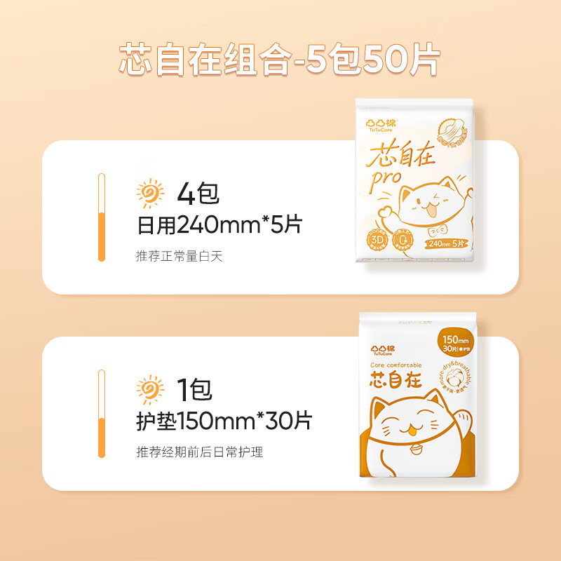 凸凸棉芯自在卫生巾干爽透气少女姨妈巾日夜组合 芯自在5包50片