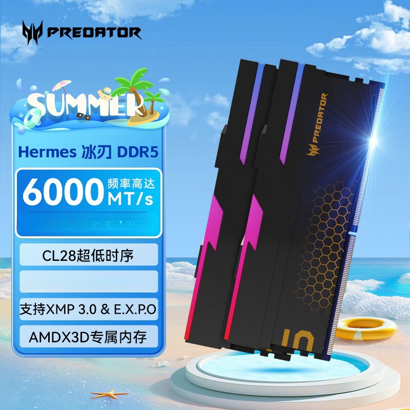 宏碁掠夺者（PREDATOR）DDR5 台式机内存条 Hermes冰刃系列 RGB灯条 台式机电脑配件 6000频率 C28冰刃黑 48GB 1套 24*2