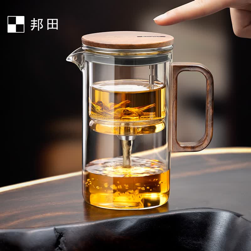 邦田(Bonston)飘逸杯一键过滤磁吸泡茶壶胡桃木高档玻璃内胆耐热泡茶杯整套茶具 胡桃木500ml