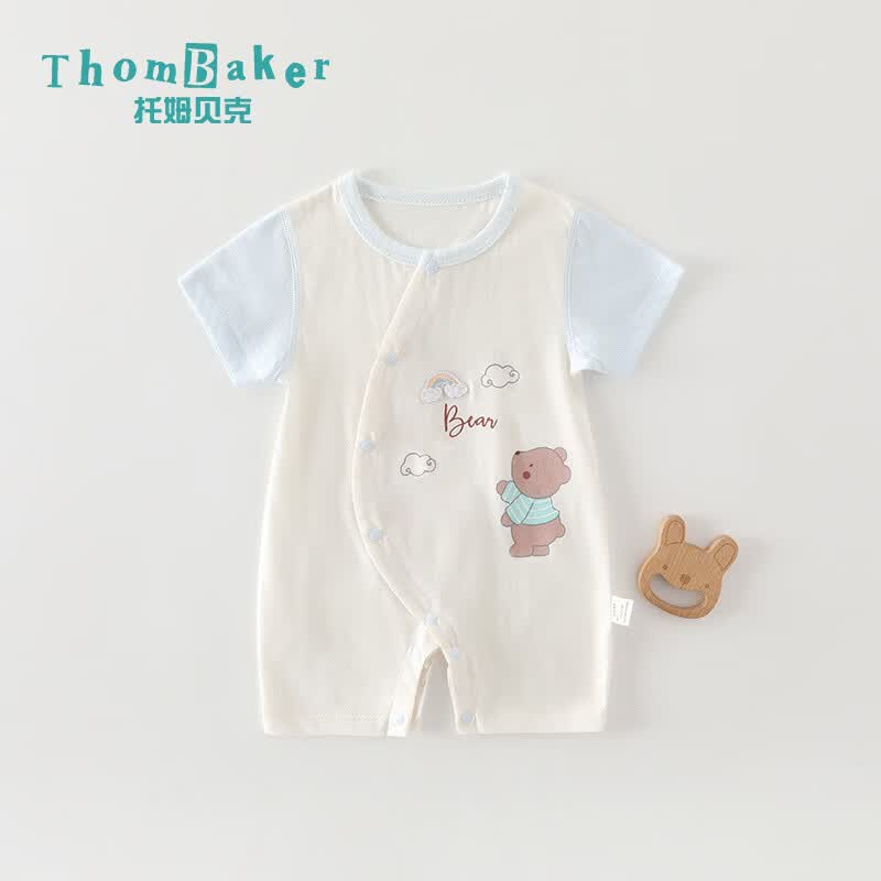 托姆贝克(ThomBaker)婴儿衣服夏季卡通短袖连体衣纯棉薄款无骨男女宝宝哈衣睡衣 短袖蘑菇熊粉 90cm