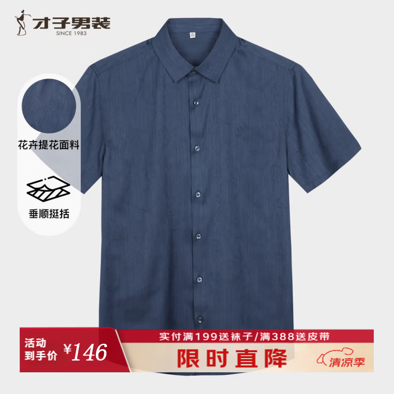 才子（TRIES）商务休闲花卉刺绣衬衫男提花暗纹时尚衬衣精致不浮夸百搭有品位 灰蓝色 M (165/84A)