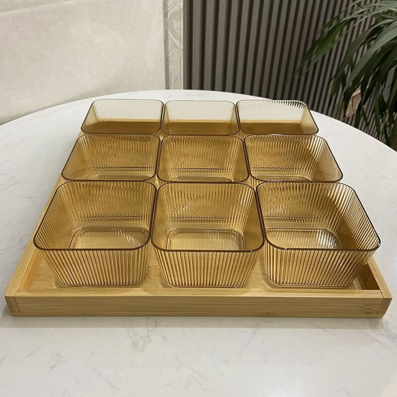 CRHMMFLF水果盘分格中式点心盘禅意茶室零食干果小吃果盘美容院酒吧小吃盘 竹木托盘 9格 透明【防摔耐用】