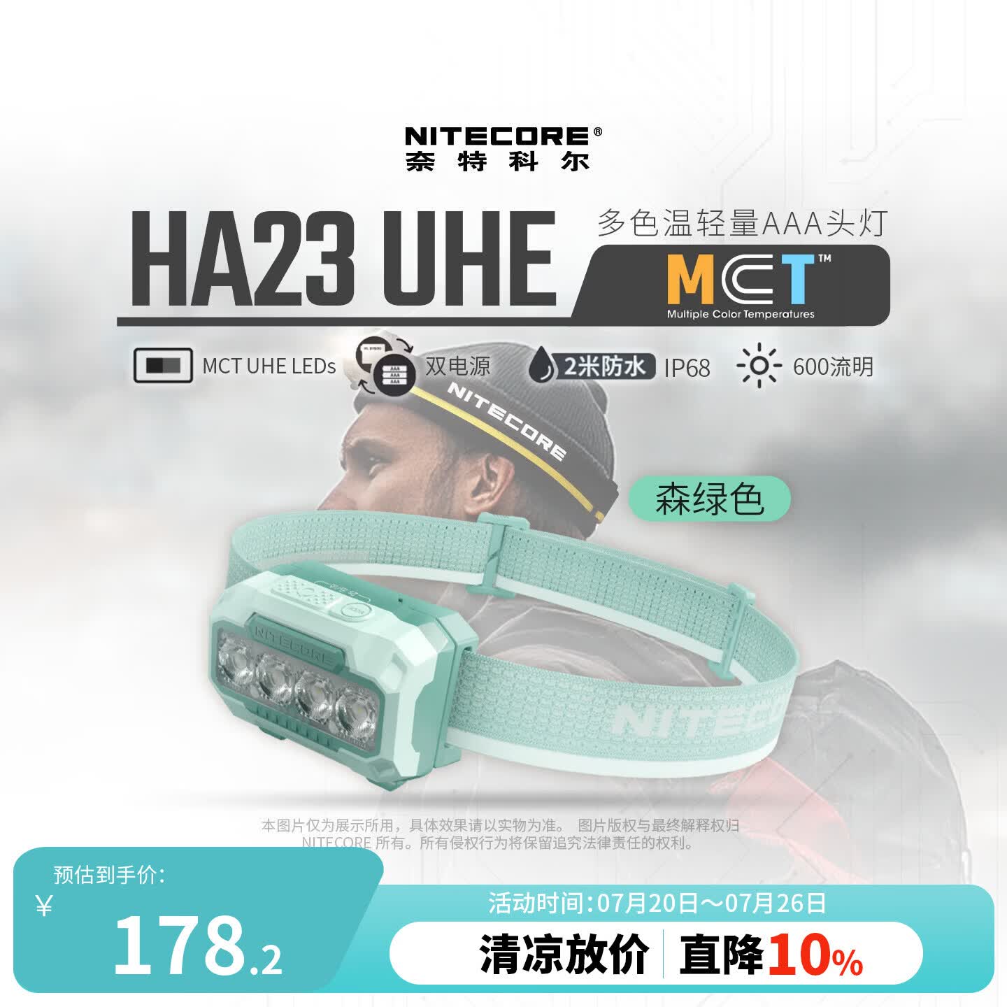 NITECORE奈特科尔HA23 UHE森绿 多色温头灯户外轻量便携式越野跑照明灯 