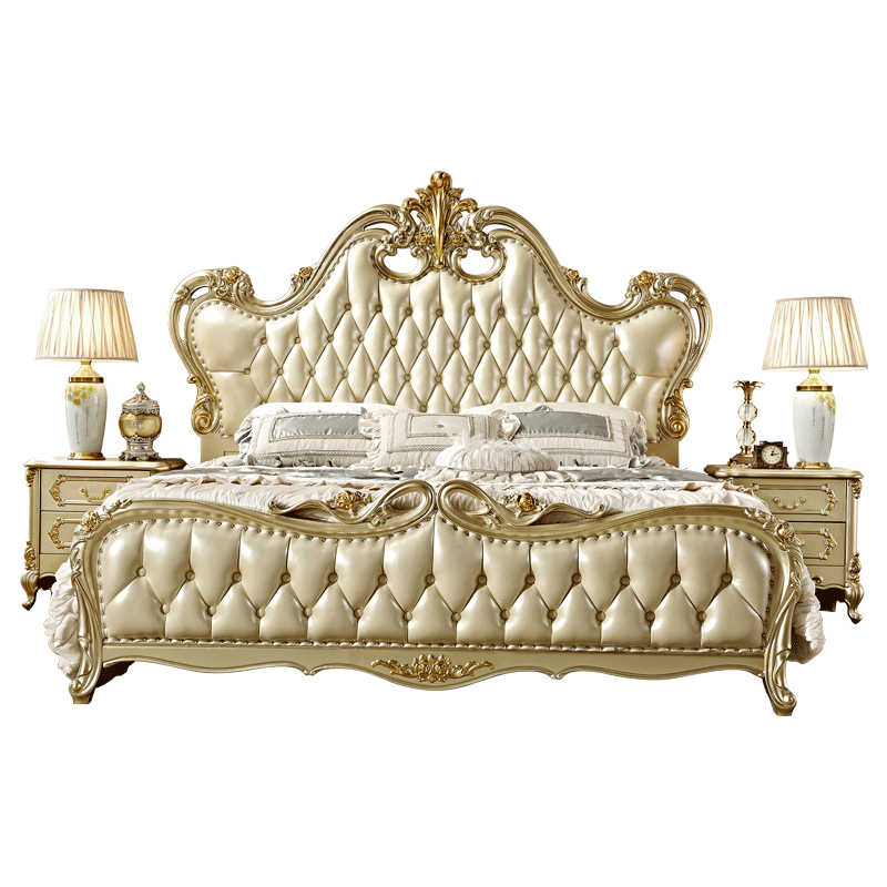 梦美斯宣 欧式床实木真皮大床法式雕花香槟金卧室家具婚床中大户型奢华1.8米大床 A13 1.8m床一床两柜