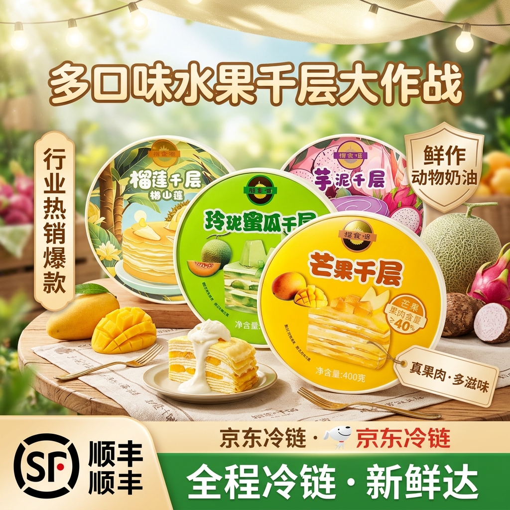 榴食喵猫山王榴莲千层蛋糕罐子生日盒子小蛋糕动物奶油甜品400g/盒共4盒 芒果千层1盒+蜜瓜千层1盒+芋泥千层1盒+榴莲千层1盒