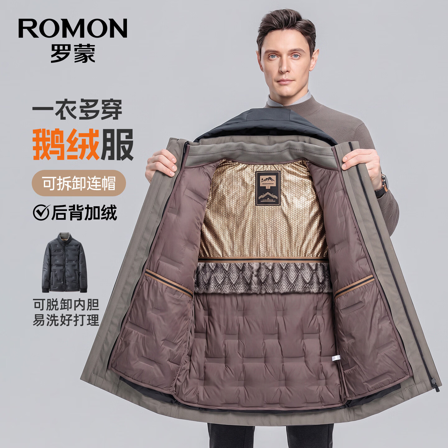 罗蒙（ROMON）可拆卸内胆连帽鹅绒羽绒服男士冬季中老年中长款保暖加厚爸爸外套 藏青 2XL 185 （适合155-170斤）