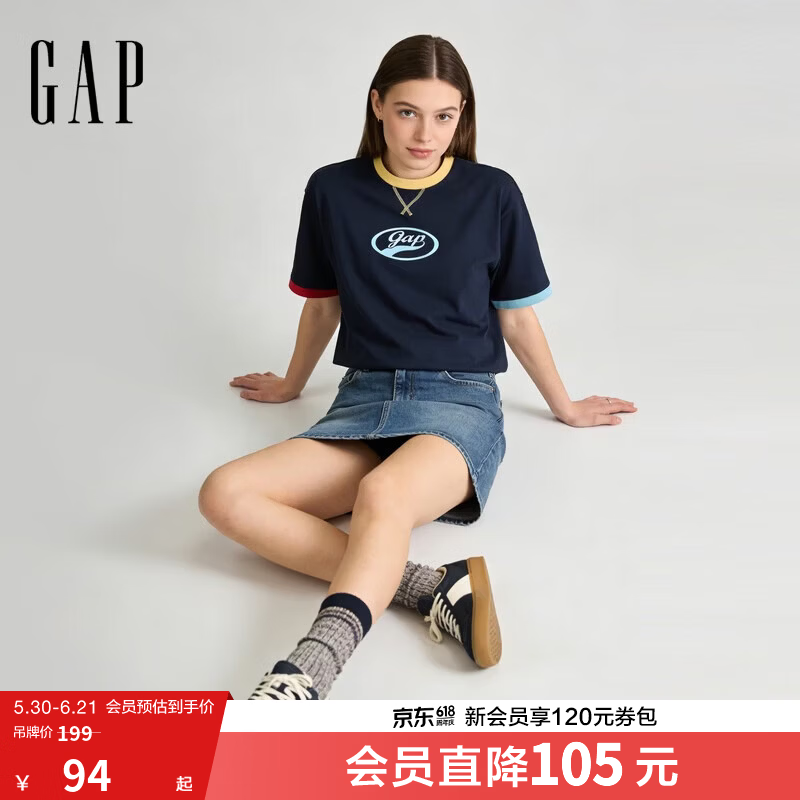 盖璞Gap男女装2026春季新款纯棉logo字母宽松短袖T恤百搭上衣 海军蓝 866079 S (165/88A)亚洲尺码