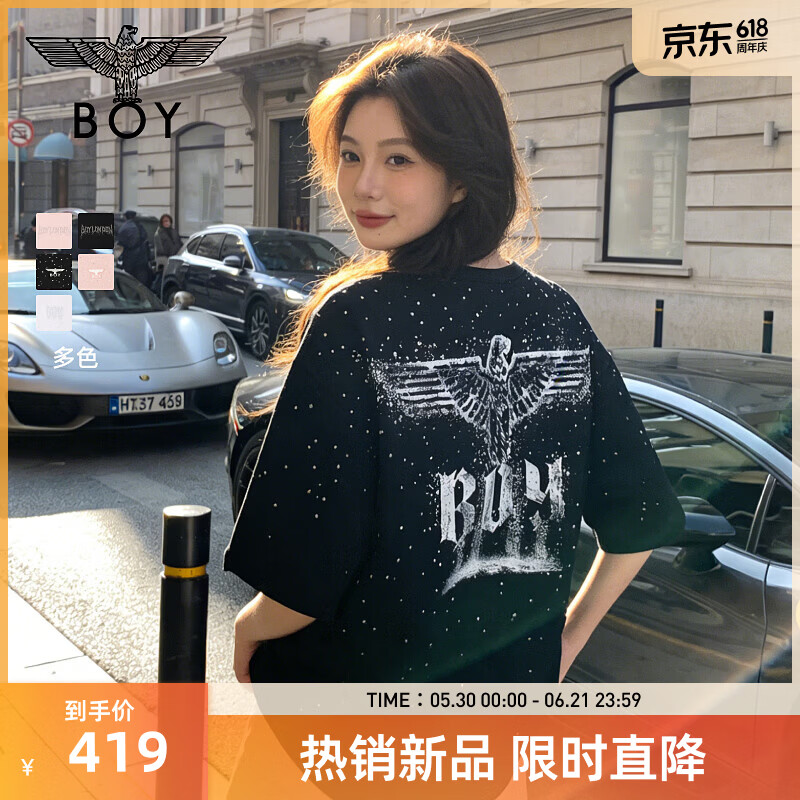 BOY LONDON【满天星】夏季男女同款短袖渐变烫钻印花时尚T恤N01107 黑色 S