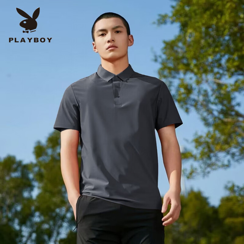 花花公子(PLAYBOY)冰丝无痕POLO衫夏季薄款情侣短袖轻奢休闲透气凉感速干锦纶t恤男 深灰色冰丝短袖 5XL (180-200斤)