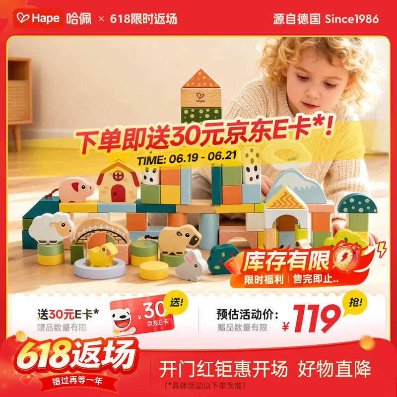 Hape宝宝木质玩具大颗粒云朵农场感官启蒙积木桶男女孩生日礼物E7550