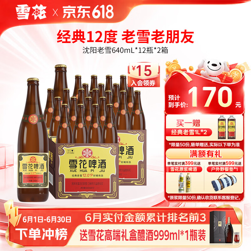 雪花啤酒 经典沈阳老雪花 麦香浓郁 经典老雪 640mL 12瓶 X 2箱 京东折扣/优惠券