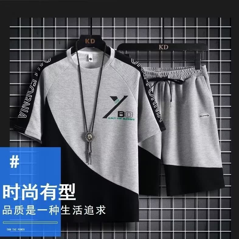 华夫格短袖t恤套装男2026秋季潮流休闲运动短袖短裤套装男 诚G103灰色 3XL (160-180斤)
