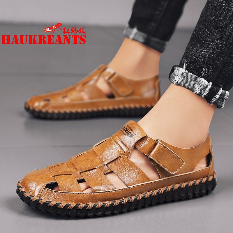 汉克红蚂蚁真皮凉鞋男士夏季镂空百搭休闲沙滩鞋子男户外皮凉鞋英伦风