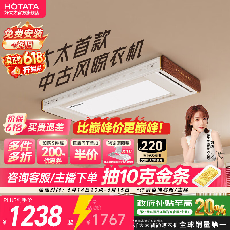 好太太电动晾衣架超薄室内家用阳台智能晾衣机自动升晾衣降杆 T10-ZL白色：中古风+离线语音