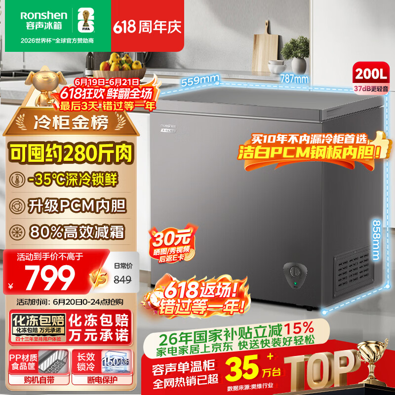 容声（Ronshen）200L单温冰柜小型家用冷柜减霜80%冷藏冷冻两用一级能效节能-35℃深冷BD/BC-200ZMSA国家补贴