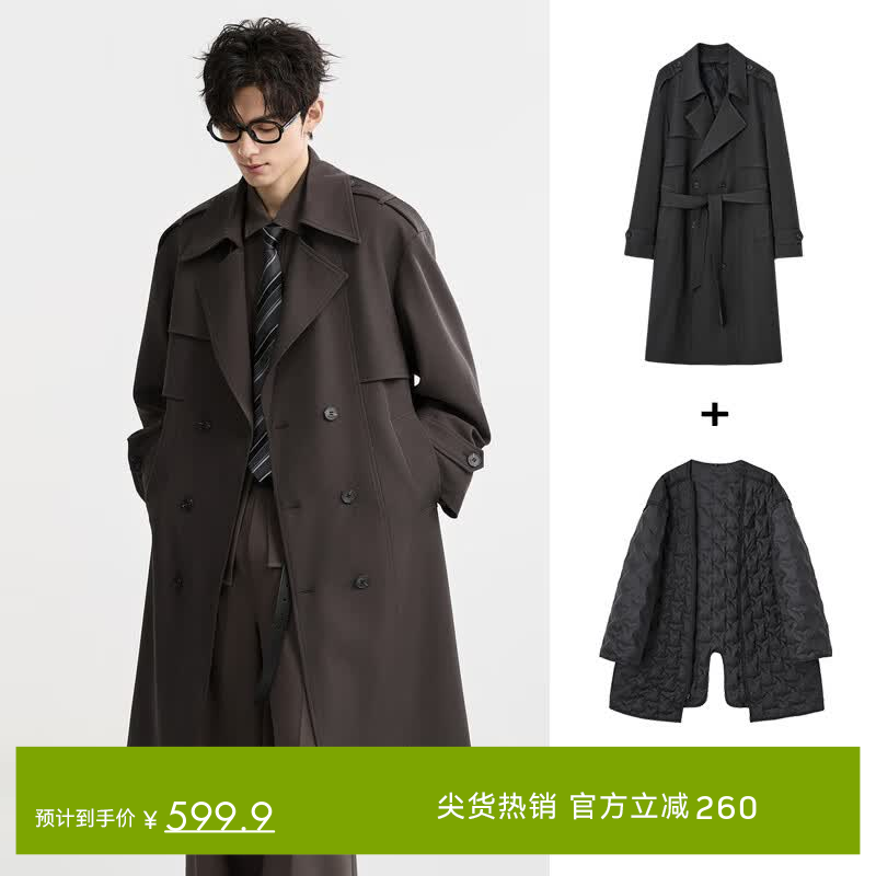 伯爵卓尔高级感通勤英伦风衣羽绒服男士中长款大衣外套男2025秋冬季新款 暴雨灰 【可拆卸-长袖羽绒内胆】 M (170)