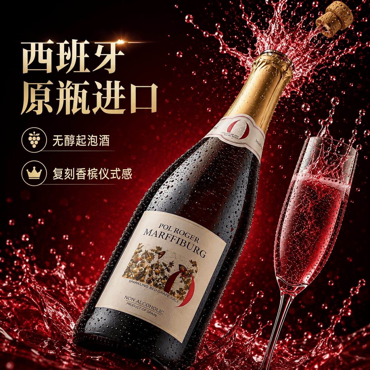 玛菲堡庄园（MARFFIBURG）西班牙原瓶进口0度葡萄酒无醇红酒聚会起泡果气泡酒汁 单支750ml