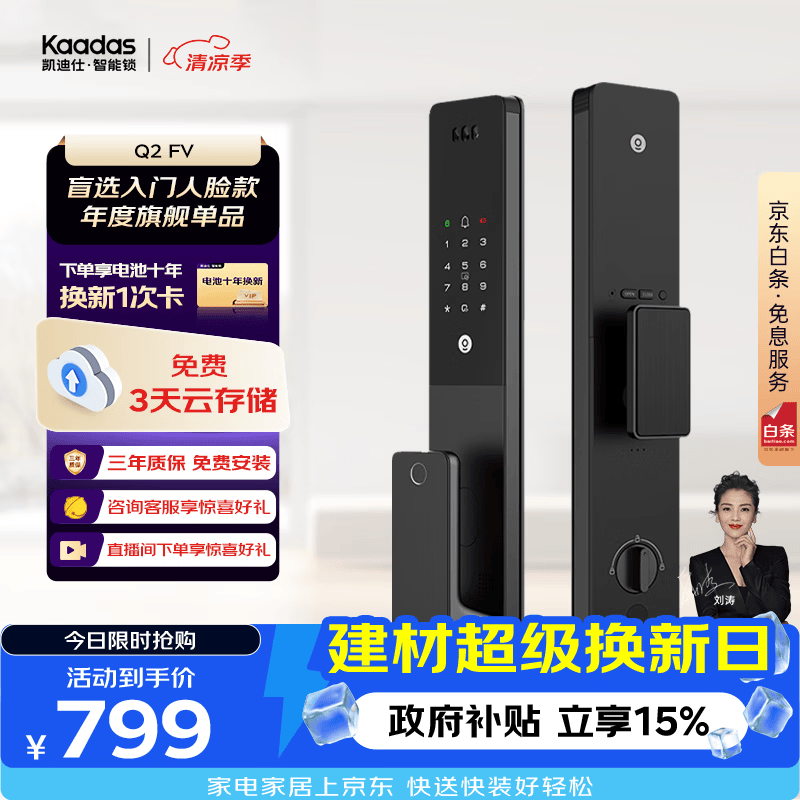 凯迪仕（KAADAS）智能门锁 人脸识别猫眼监控摄像指纹锁密码智能锁 Q2 FV