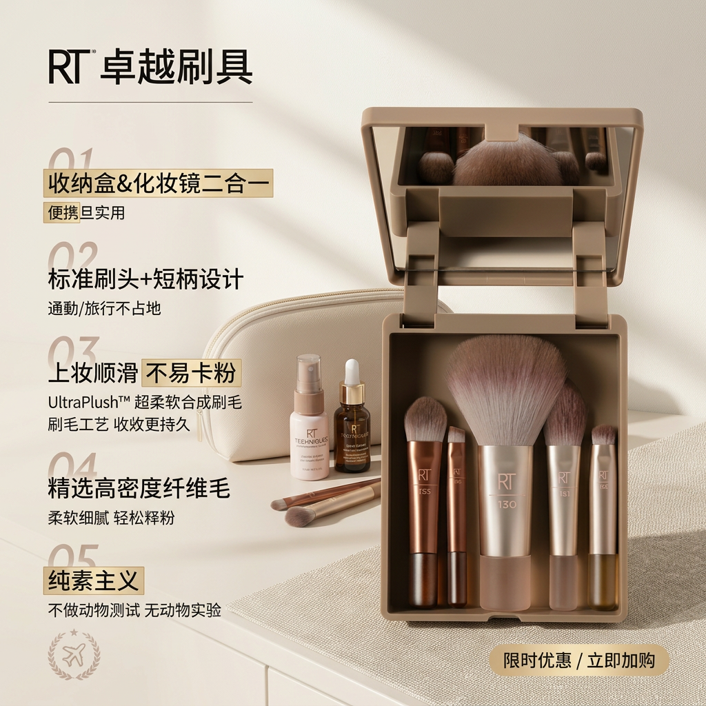real TechniquesRT奶咖便携收纳化妆刷套装正品便携迷你眼面小套刷带镜子上妆刷 奶咖系 光彩化妆刷收纳装 1件 赠清洗液30ml*1