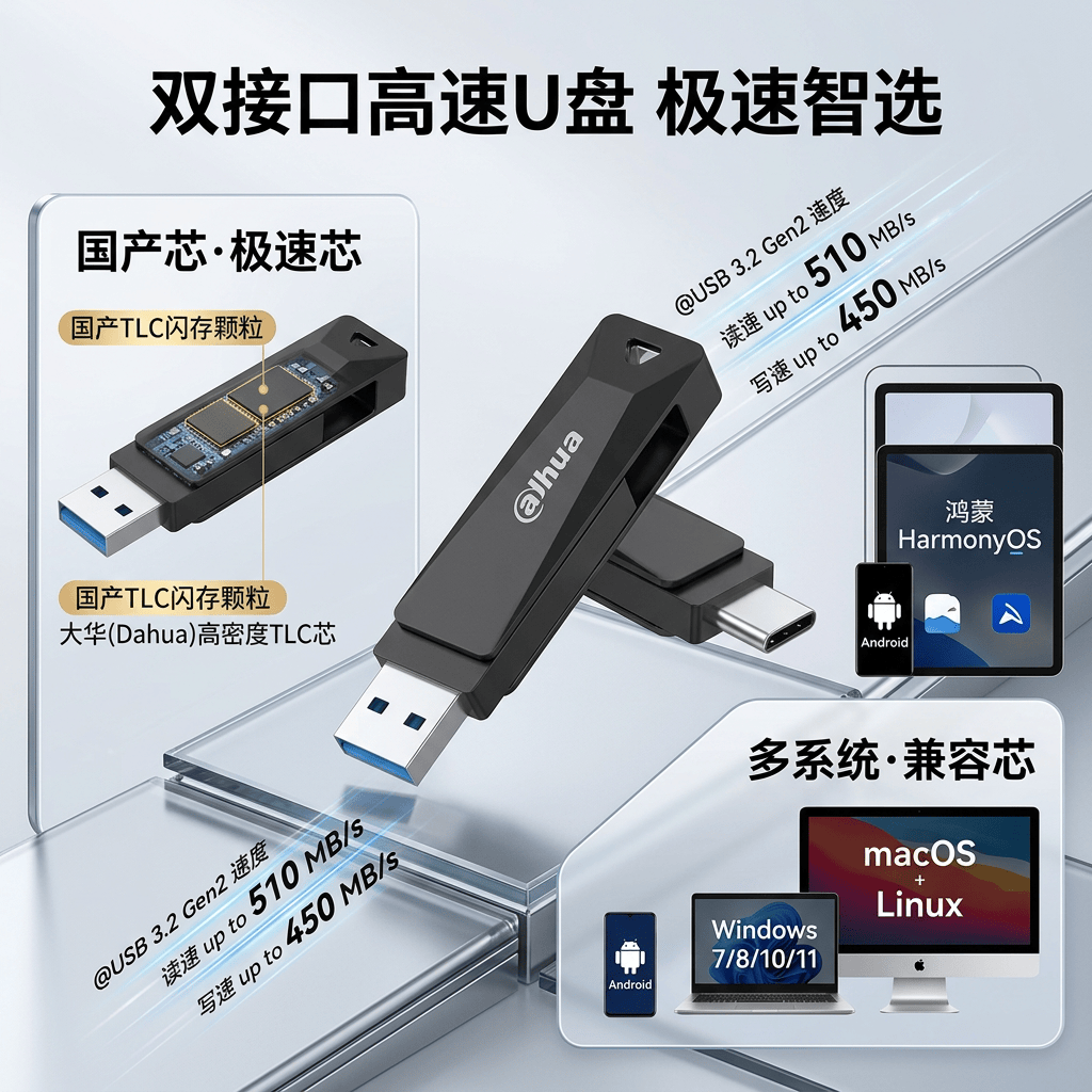 dahua U盘 移动固态硬盘 USB3.2 Type-C双接口 手机电脑两用固态U盘支持鸿蒙/苹果15/16/安卓大容量存储 1T|固态U盘TLC颗粒-【读速520MB/s】