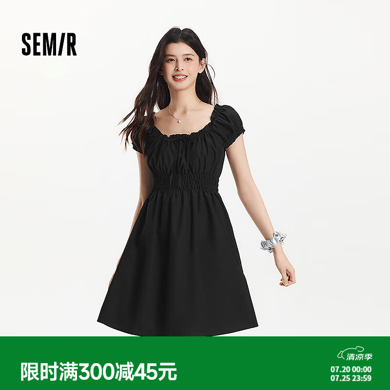 森马（Semir）连衣裙女收腰蝴蝶结少女感新款夏俏皮木耳边方领短裙气质 黑色90001 M