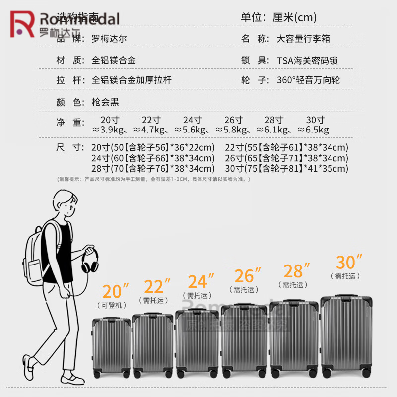 罗梅达尔(Rommedal)加厚全铝镁行李箱20寸轻便登机箱铝框28寸大容量拉杆箱24寸旅行箱 枪色【全铝镁合金】升级版 28英寸