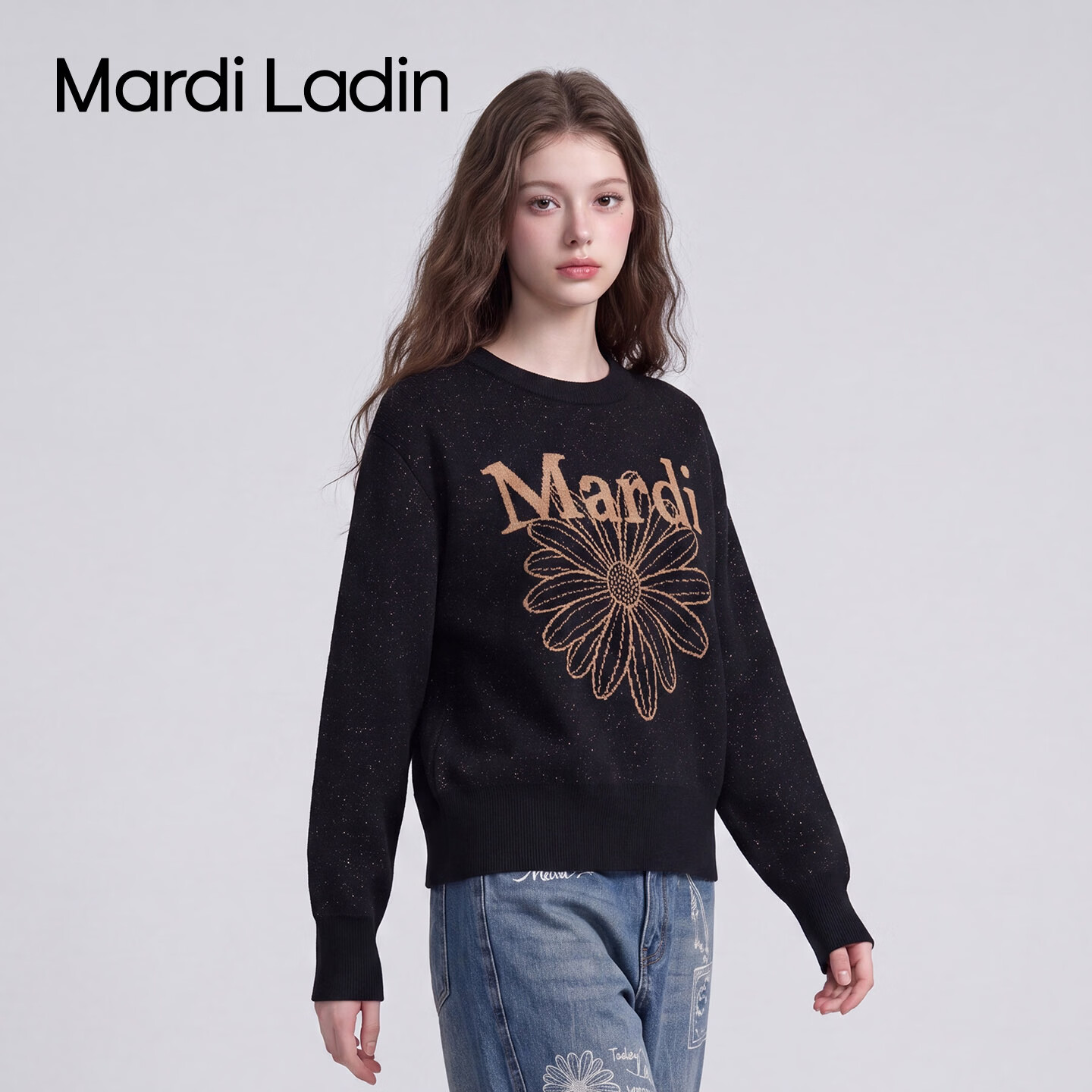 MARDI LADIN针织衫女2026年秋季新款印花套头毛衣女宽松保暖针织衫上衣女 黑色 M