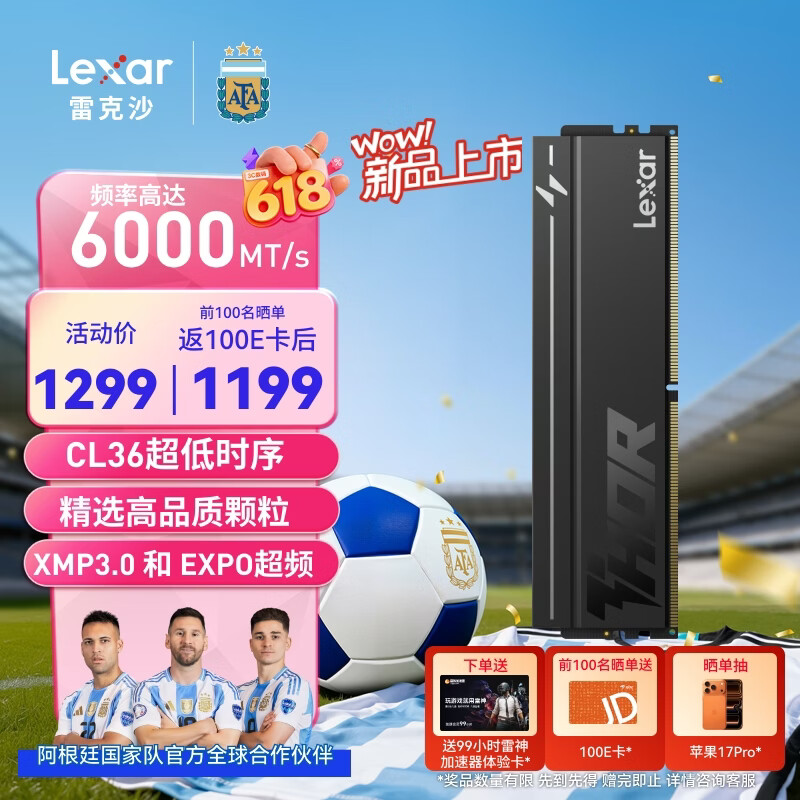 雷克沙（Lexar）DDR5 6000 16GB单条 电竞马甲条台式内存条 CL36 Thor雷神二代马甲 黑色