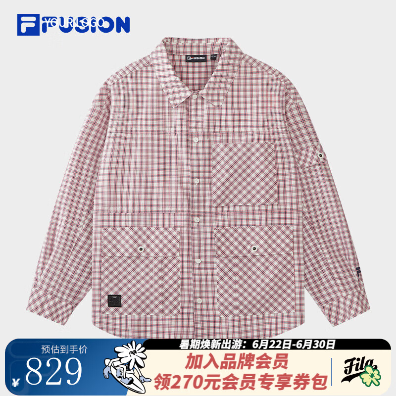 FILA FUSION斐乐潮牌情侣款梭织上衣2026夏新款宽松纯棉格子衬衫 茜草红-PC L 175/96A/L