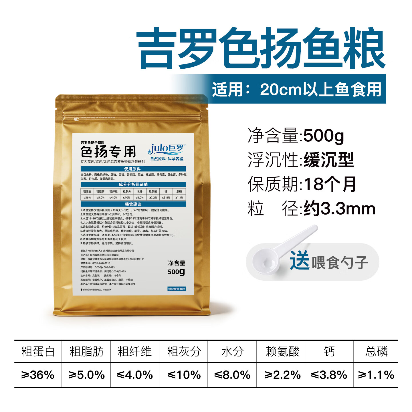 吉罗鱼饲料宝山异口巴拉盈江皇室金蓝红吉罗缓沉鱼食高蛋白鱼粮 36%蛋白-色扬中颗粒（≈3.3mm）500g*1袋