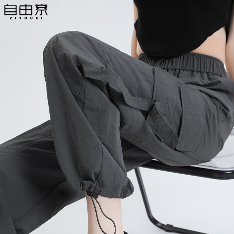 自由系工装裤女2026新款冲锋小个子冰丝阔腿裤子夏季薄款速干登山运动裤 浅灰 XL (建议126-145斤)