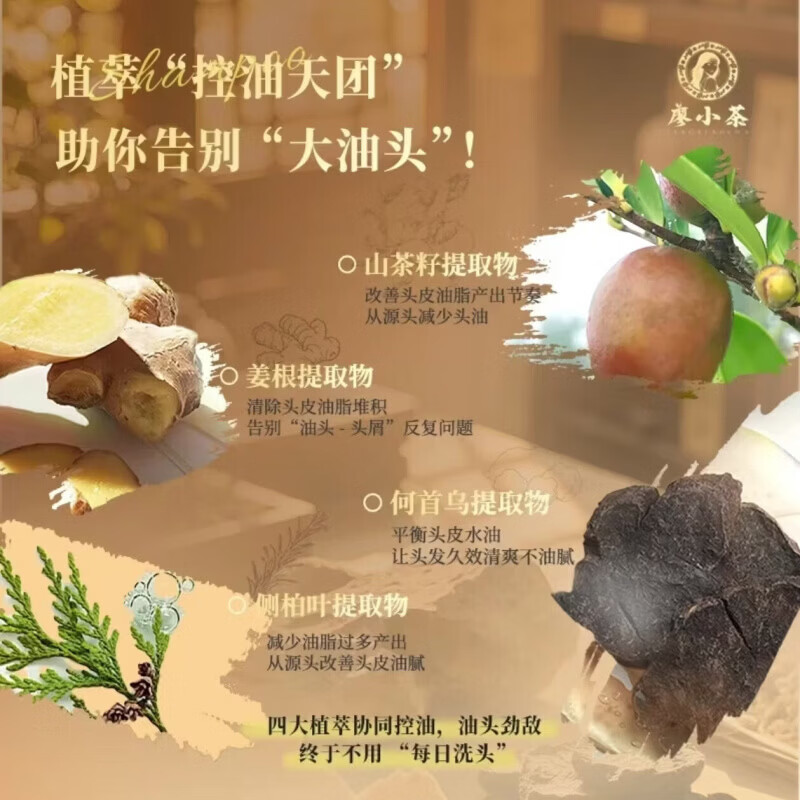 廖小茶植萃山茶籽洗发水控油草本去屑蓬松防脱固发健发侧柏叶柔顺丰盈 1瓶【体验装】多瓶效果更佳 廖小茶专研植萃山茶籽草本控油去屑护发