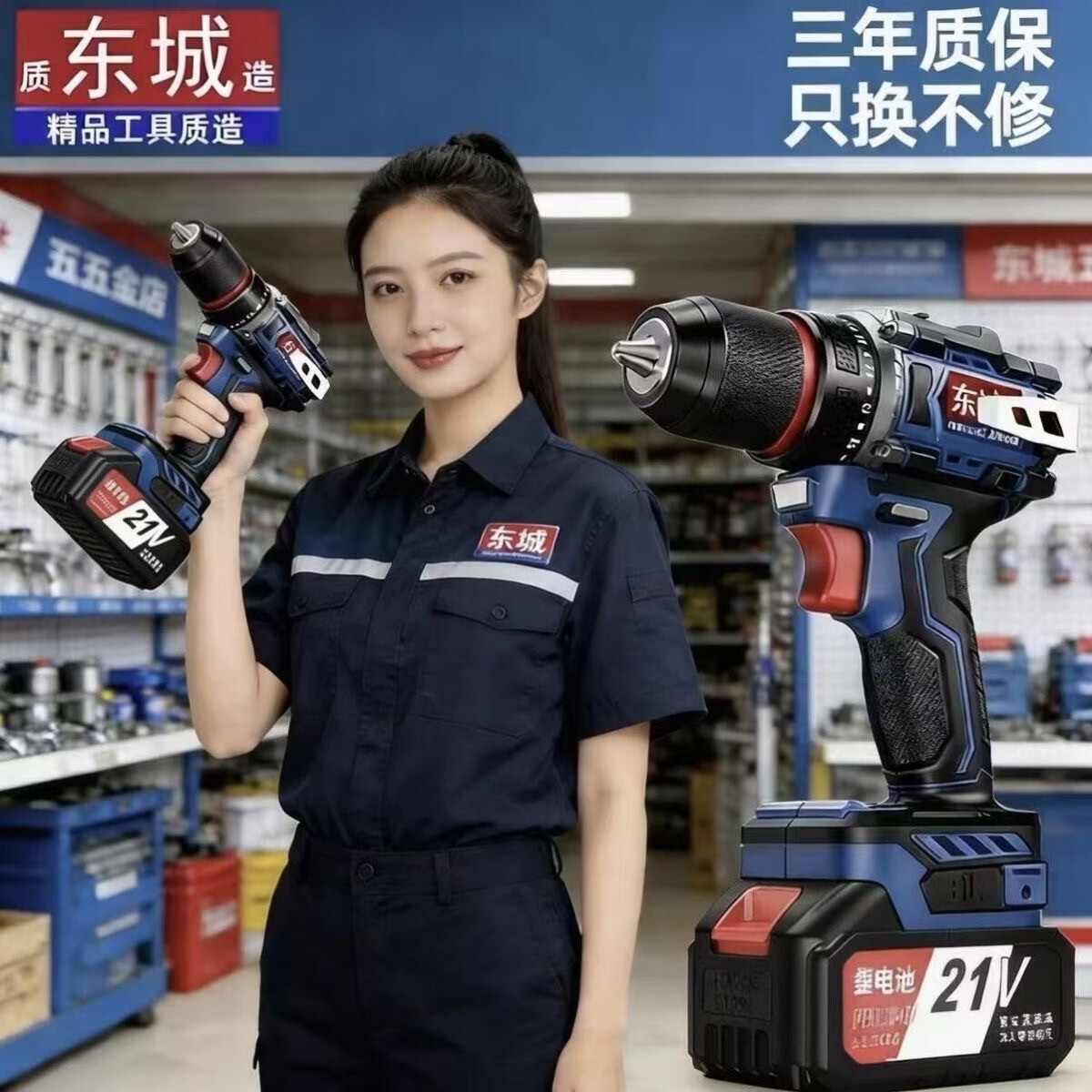东城电钻冲击钻三合一家用大功率锂电钻充电多功能冲击钻电动手枪钻 工程款一机二电一充+钻头礼包