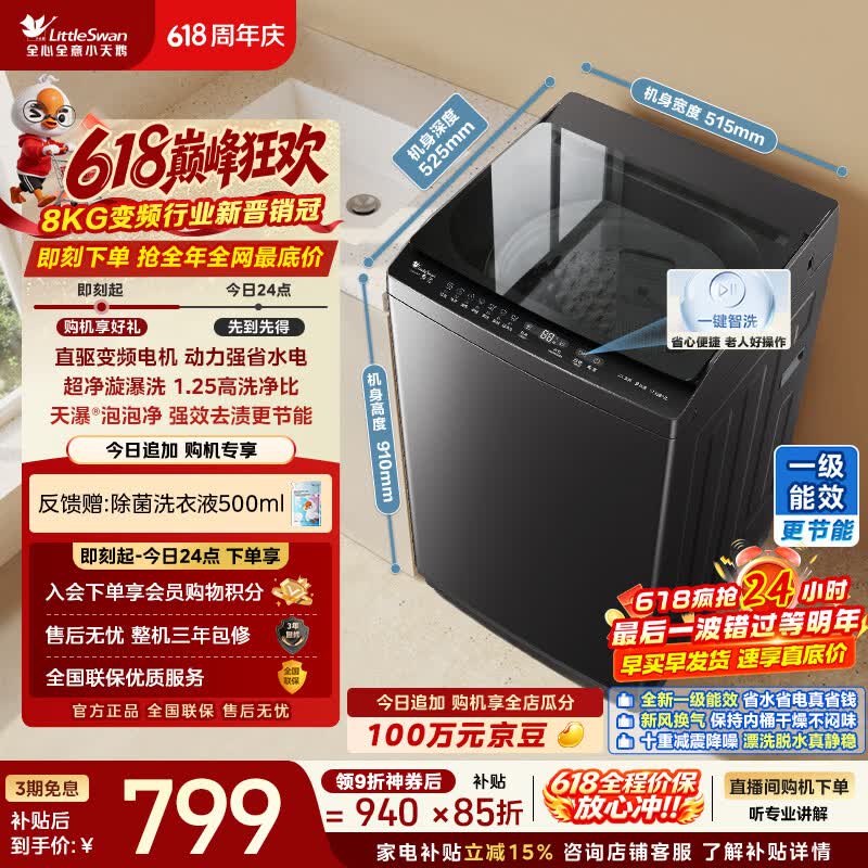 小天鹅小型波轮洗衣机8KG 720.12元，小天鹅波轮洗衣机12KG 1004.7元 - 86线报