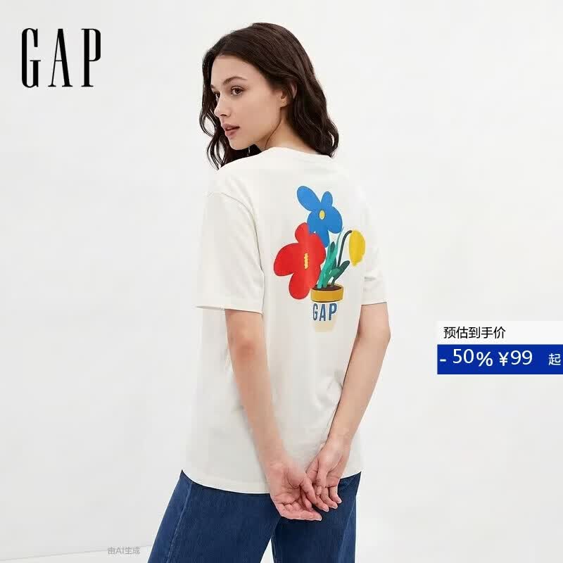 盖璞（GAP）男女装2026春季新款纯棉logo创意印花宽松短袖T恤上衣883713