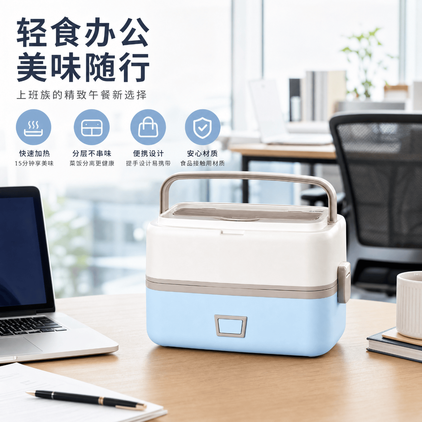 KITCHOICE热饭盒加热饭盒可自加热饭盒可插电加热饭盒304不锈钢热饭神器上班族女带盖可煮饭插电保温电餐盒 1L 【天空蓝】赠筷子勺304不锈钢内胆
