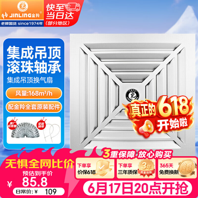 金羚（JINLING）排气扇卫生间排风扇换气扇集成吊顶排气扇300*300mm BPT10-22-1D