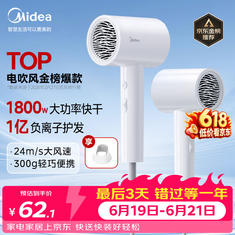 美的（Midea）1亿负离子电吹风 大功率快干不伤发吹风机 家用负离子护发吹风筒 FJ208白1800W 节日礼物 价保618