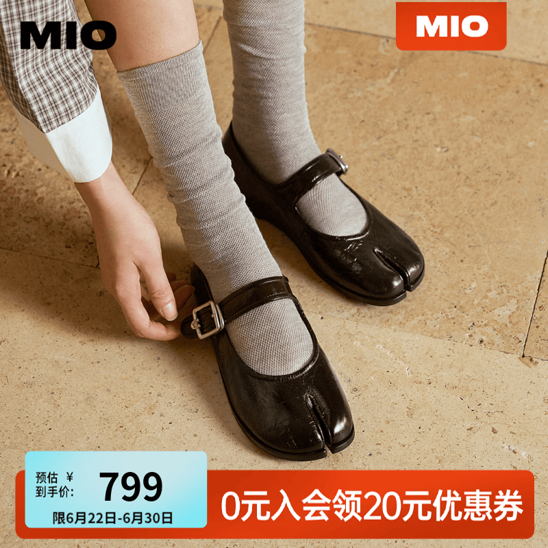 MIO米奥分趾鞋2026秋新款玛丽珍鞋芭蕾舞鞋裂纹皮面乐福鞋女单鞋 黑色 37 (235mm)