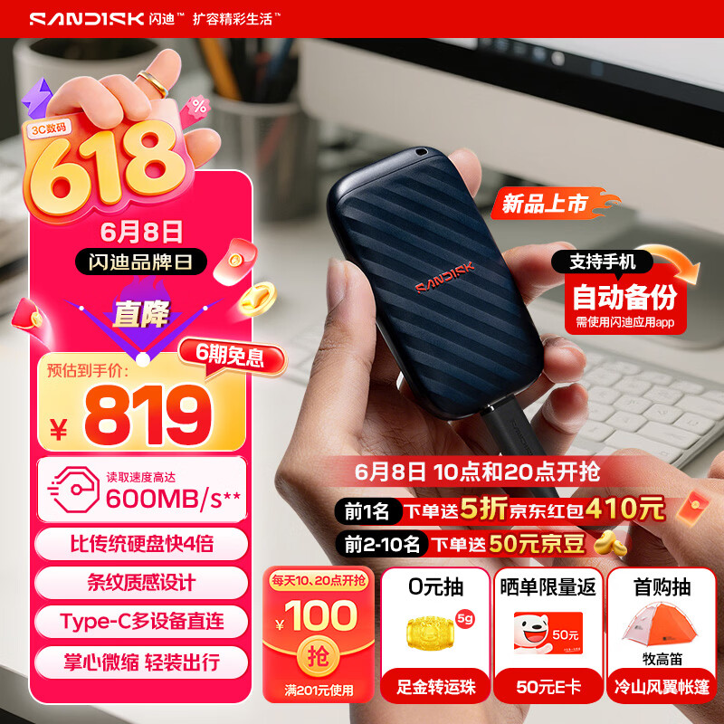 闪迪（SanDisk）精灵1TB 移动硬盘 ELE升级款 读速600MB/s  Type-C USB3.2手机直连笔记本电脑 外接存储  固态硬盘