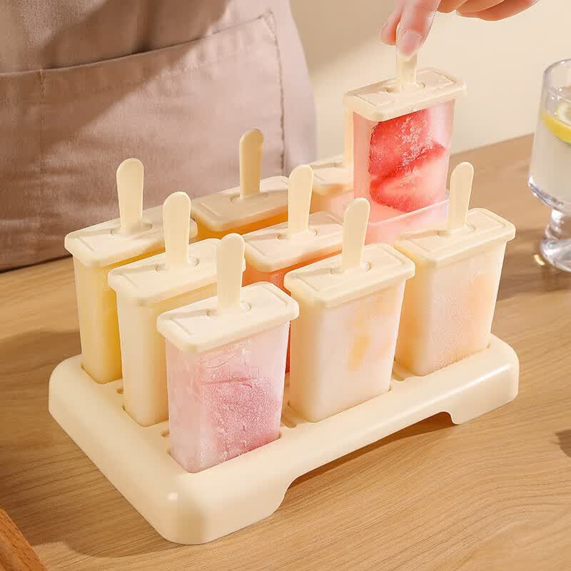 家用食品级自制冰棒模具雪糕模具带盖食用冰格工具制冰器雪糕棒 食品级材质【立式雪糕模具】 轻松脱模【奶雾杏】9支模具+循环棒