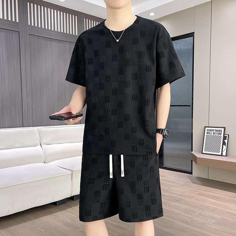 【高端品质】新款美式短袖短裤休闲套装男夏季时尚潮男士休闲套装 黑色 4XL 建议175-190斤
