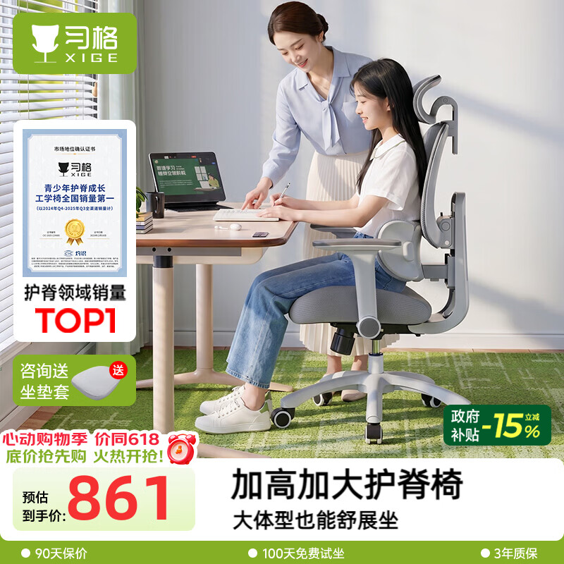 习格X19ypro学习椅书桌椅子人工力学座椅初高中生久坐不累可调节后背 X19pro带头枕