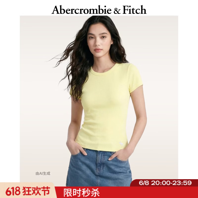 Abercrombie &amp; Fitch经典小麋鹿图案美式修身内搭短袖T恤26夏女装139-6318 黄色 M (165/96A)